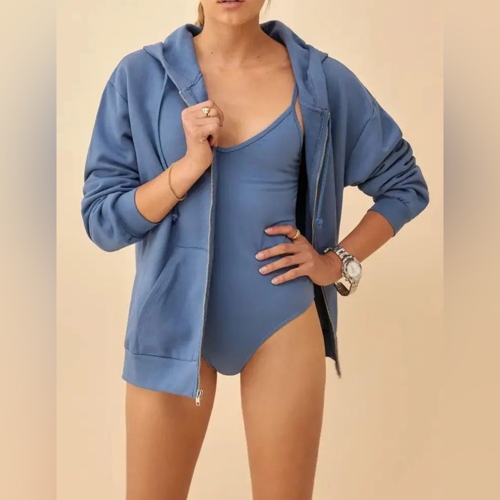 Reformation Paige Zip Hoodie (size Medium) in Morning Glory Blue
